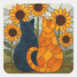 Adesivo Quadrado Gatos de Vidro Colorido e Design de Arte de Girass