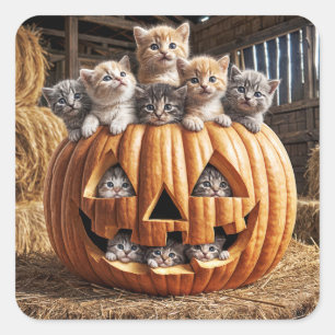 Adesivo Quadrado Gatos em Abóbora de Halloween
