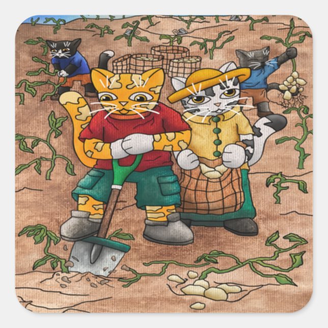 Adesivo Quadrado Gatos Fazendas De Colheita De Batata (Frente)