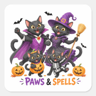 Adesivo Quadrado Gatos fofos de Halloween Patas e Feitiços