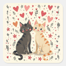 Adesivo Quadrado Gatos Fofos de São Valentim Retrô