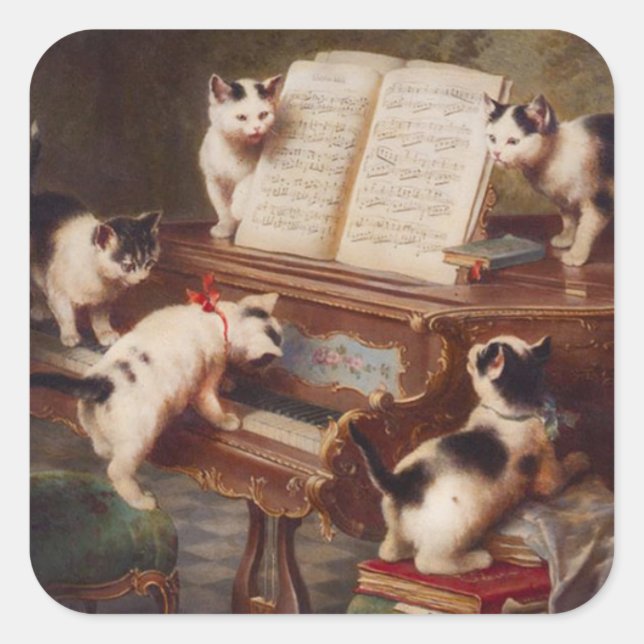 Adesivo Quadrado GATOS PIANO - Vintage Vintage Engraçados (Frente)