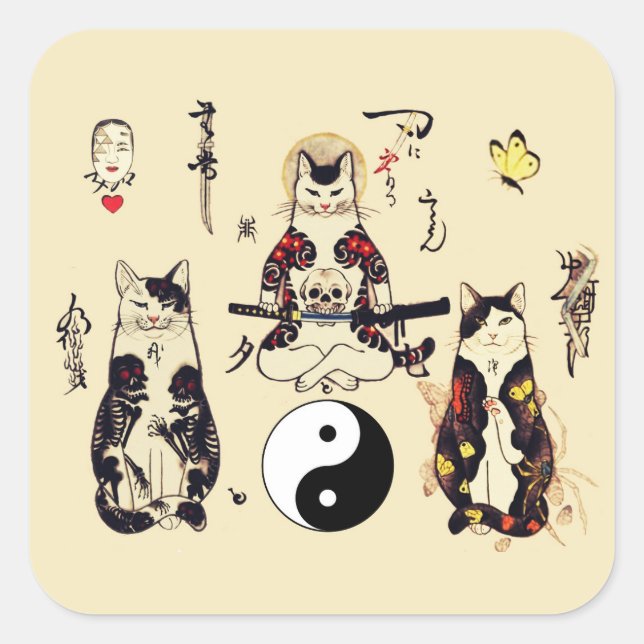 ADESIVO QUADRADO GATOS SAMURAI NO CÉREBRO,ESQUELETO,TATUAGENS DE BO (Frente)
