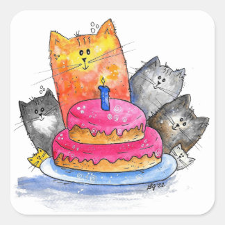 Adesivo Quadrado Gatos Whimsso com Bolo de Aniversário