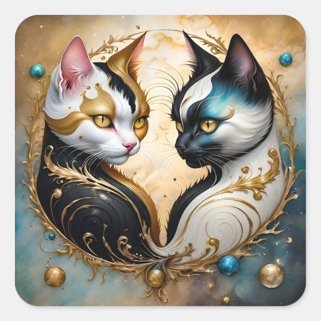 Adesivo Quadrado Gatos Yin-Yang com Elementos Cósmicos Mágicos (Frente)