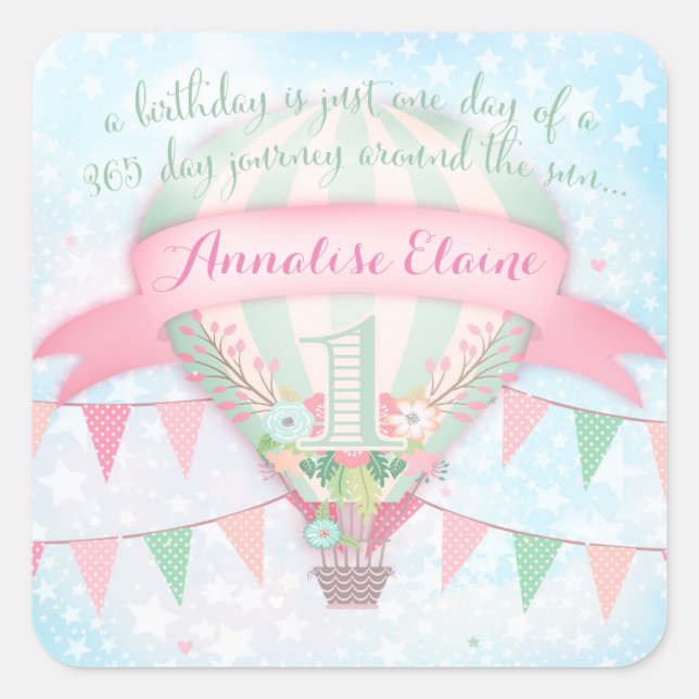 Adesivo Quadrado GC Hot Air Balloon First Birthday Sticker (Frente)