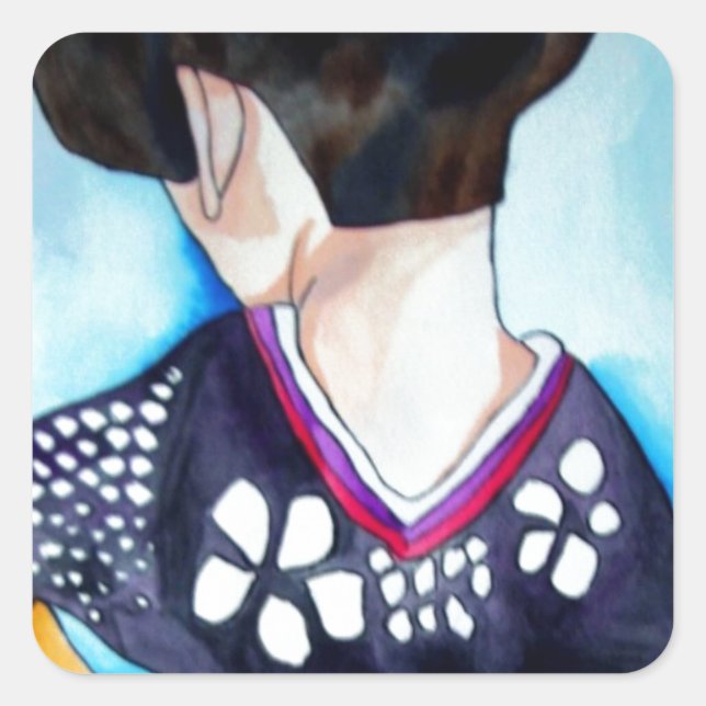 Adesivo Quadrado Geisha com pintura original kimono azul escuro (Frente)