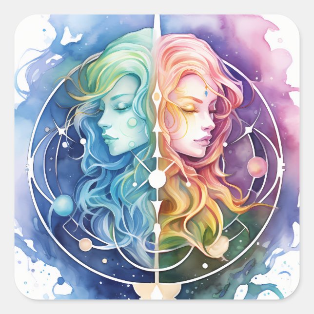 Adesivo Quadrado Gemini Horoscope Símbolo da Água Gêmea (Frente)