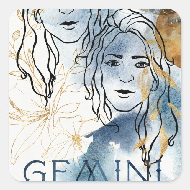 Adesivo Quadrado Gemini twins birthday zodiac astrology blue gold (Frente)