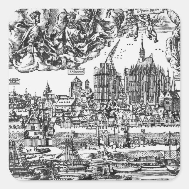 Adesivo Quadrado General View of Cologne, 1531 (gravura) (b/w pho (Frente)