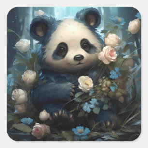 Adesivo Quadrado Gentil Urso Panda Entre Rosas Selvagens