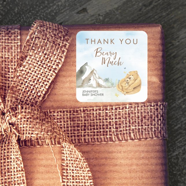 Adesivo Quadrado Gentle Beige Watercolor Bear Baby Thank You (Criador carregado)