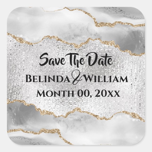 Adesivo Quadrado Geodo falso prata dourado ágata branca aquarela ch (Frente)