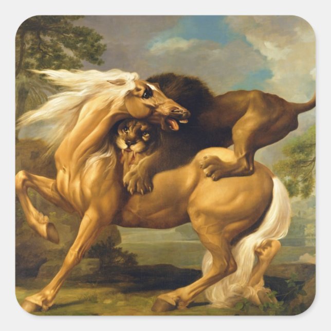 Adesivo Quadrado George Stubbs | Um Leão Atacando um Cavalo, c.1762 (Frente)