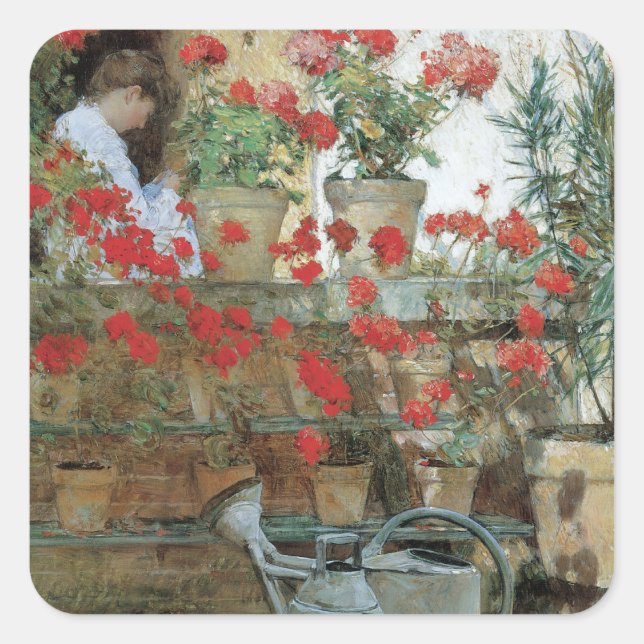 Adesivo Quadrado Geranianos por Childe Hassam, Impressionismo de Vi (Frente)