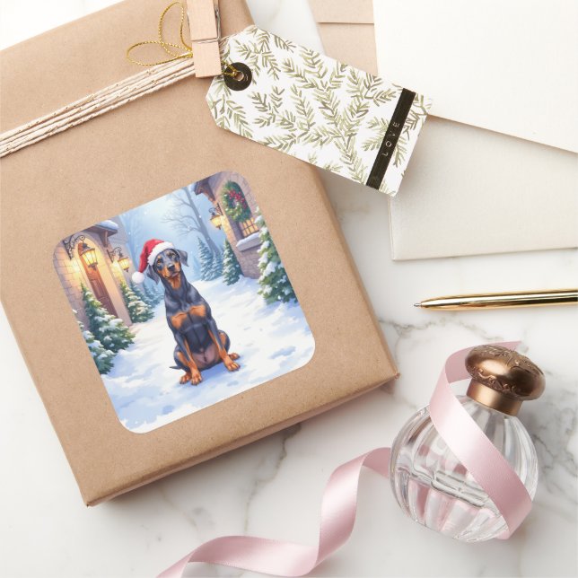 Adesivo Quadrado German Pinscher Snowy Courtyard Santa Hat (Presentear)