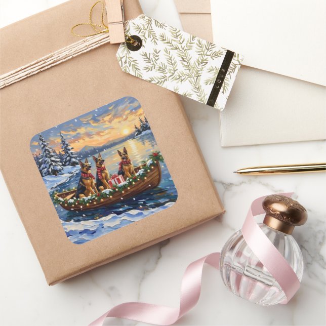 Adesivo Quadrado German Shepherd Christmas Boat Holiday (Presentear)