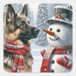 Adesivo Quadrado German shepherd com boneco de neve de Natal