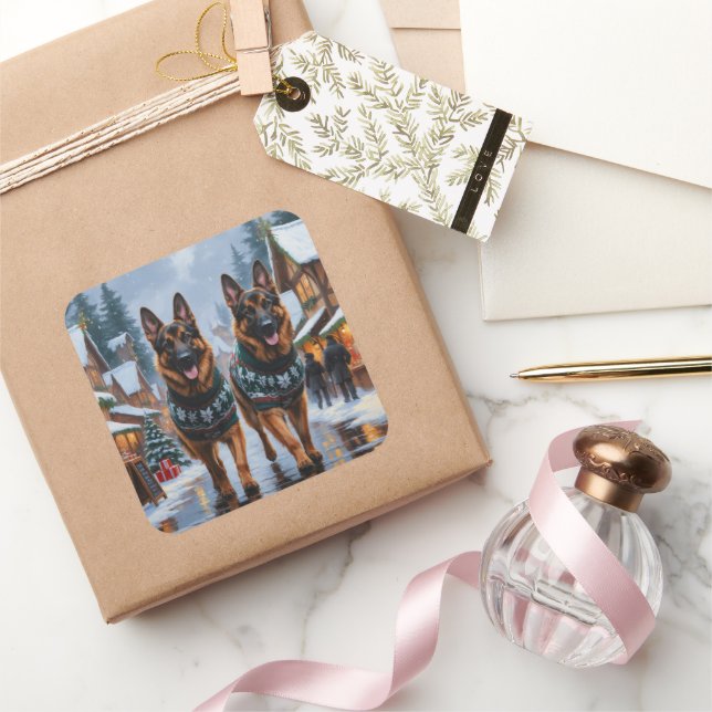 Adesivo Quadrado German Shepherd Dogs Christmas Snow Holiday (Presentear)