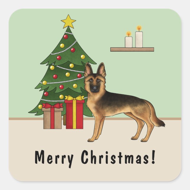 Adesivo Quadrado German shepherd Preto E Tan E Árvore De Natal (Frente)