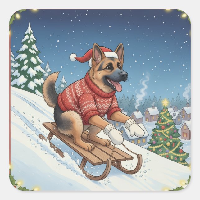 Adesivo Quadrado German Shepherd Sledding, Christmas Stickers (Frente)