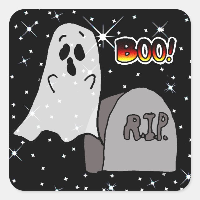 Adesivo Quadrado Ghost e Tombstone Boo Halloween (Frente)