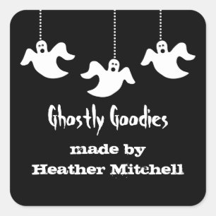 Adesivo Quadrado Ghost Halloween Baking Stickers, Preto
