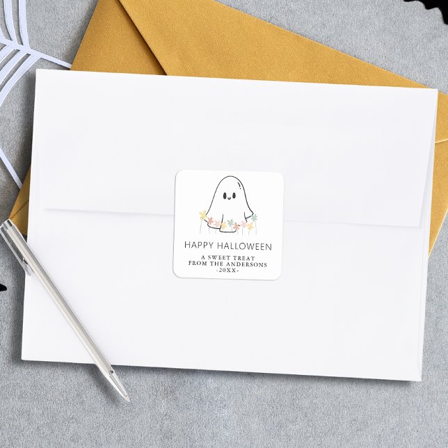 Adesivo Quadrado Ghost Halloween Floral Bonito (Criador carregado)