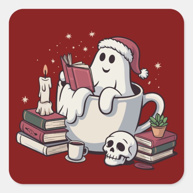 Adesivo Quadrado Ghost Lendo Livros de Natal Caderno de Professores (Frente)