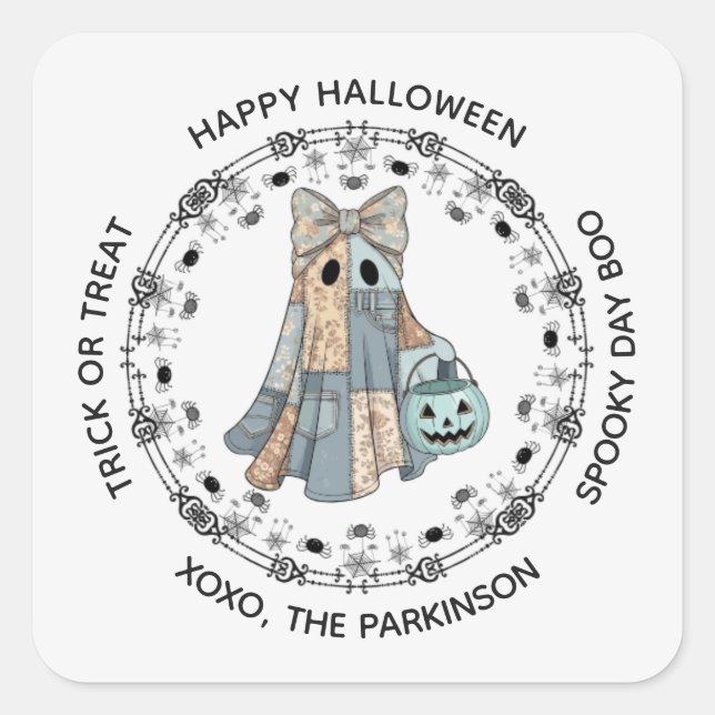 Adesivo Quadrado Ghost Round Sticker - Design Feliz Halloween (Frente)