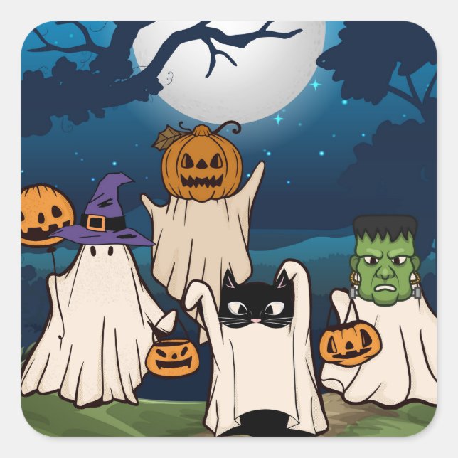 Adesivo Quadrado Ghost Trick-or-Treaters Stickers, Folha de 20 (Frente)