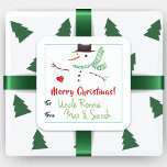 Adesivo Quadrado Gift Label Christmas Art Snowman Com Coração<br><div class="desc">Um adesivo de etiqueta de presente de arte de boné de neve. Desenhado à mão com caneta e lápis com texto e espaço para adição de nomes (de e para) "Feliz Natal". Este boneco de neve invisível segura um coração numa corda. Por favor,  escolha apenas o autocolante.</div>