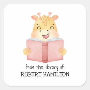 ADESIVO QUADRADO GIGRAFFE LENDO LIVRO DO LIVRO DE GIRAFFE WATERCOLO