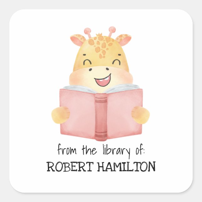 ADESIVO QUADRADO GIGRAFFE LENDO LIVRO DO LIVRO DE GIRAFFE WATERCOLO (Frente)