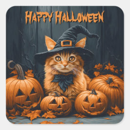 Adesivo Quadrado Ginger Cat com Pumpkins Halloween