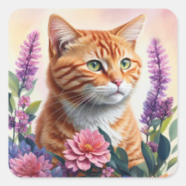 Adesivo Quadrado Ginger Cat Floral Multicolor Art