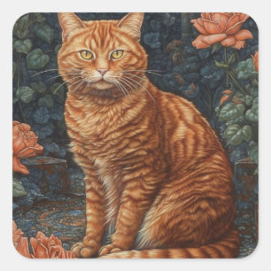Adesivo Quadrado Ginger Tabby Cat e Rosas