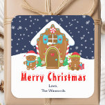 Adesivo Quadrado Gingercake House Marinho e Red Merry Christmas<br><div class="desc">Este bonitinho e festivo adesivo de Natal Feliz pode ser personalizado com um nome, relação ou título. Ele tem uma casa de pão de gengibre fofa decorada com doce vermelho e verde. Além disso, são adoráveis gengibres com presentes, vestidos com chapéus de Papai Noel e cachecol. Ao fundo está um...</div>