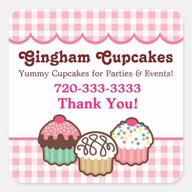 Adesivo Quadrado Gingham Cupcakes Obrigado Stickers (Frente)