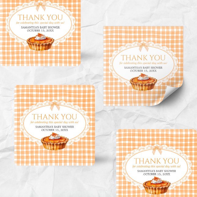Adesivo Quadrado Gingham Little Cutie Pie Chá de fraldas (Little Cutie Pie Gingham Pumpkin Baby Shower Sticker)