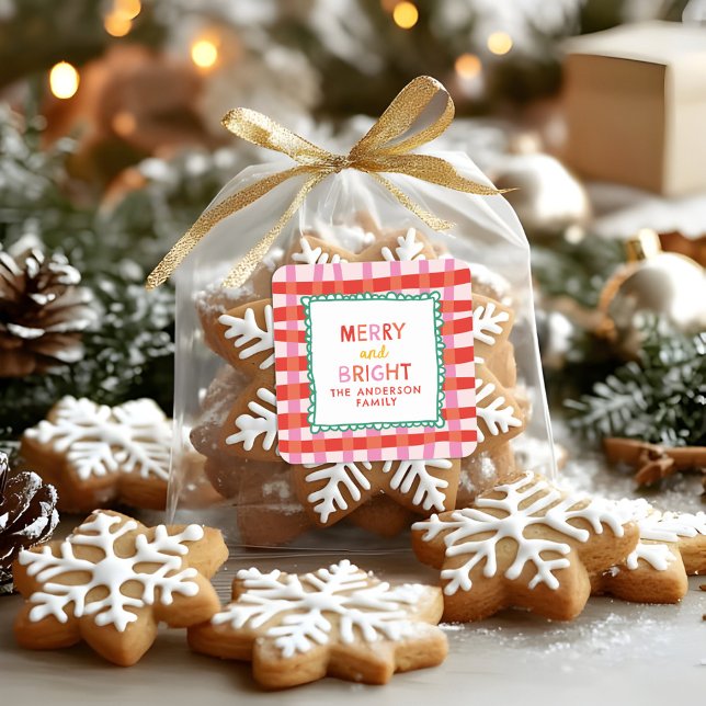 Adesivo Quadrado Gingham vermelho e rosa de Feriado Personalizado f (Criador carregado)