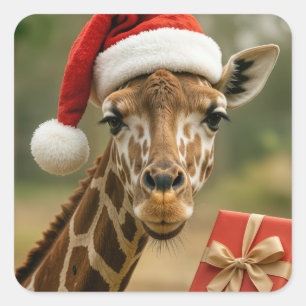 Adesivo Quadrado Girafa de Natal com Presente de Festa