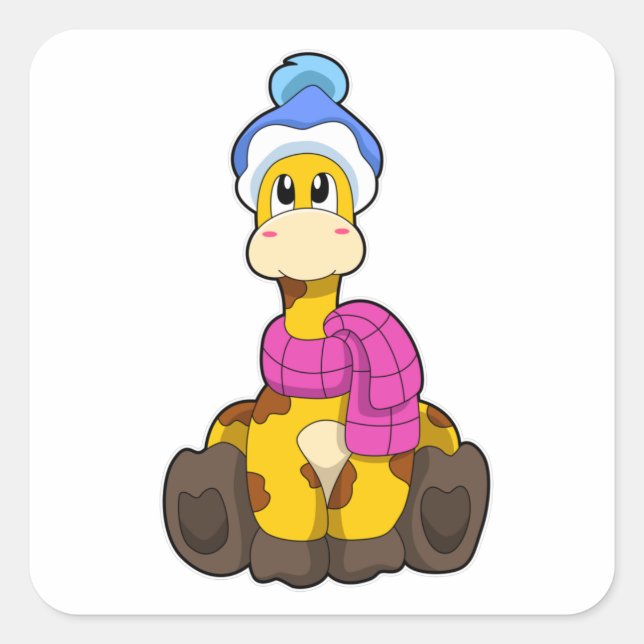 Adesivo Quadrado Girafa no inverno com Scarf & Hat (Frente)