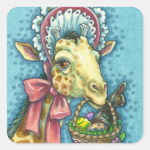 ADESIVO QUADRADO GIRAFFE EM BONNET DE PÁSCOA DE PRIMAVERA, CESTA D