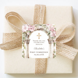 Adesivo Quadrado Girl First Communion Pink Florals Arch Cross