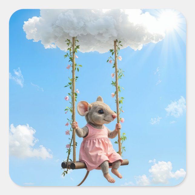 Adesivo Quadrado Girl Mouse On a Summer Swing (Frente)