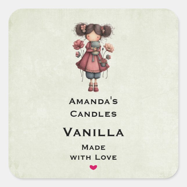 Adesivo Quadrado Girl with A Frog Doll Cute Candle Business (Frente)