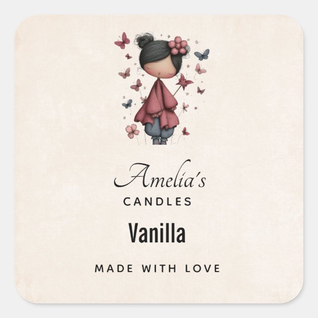 Adesivo Quadrado Girl with Magic Wand and Butterflies Candle (Frente)