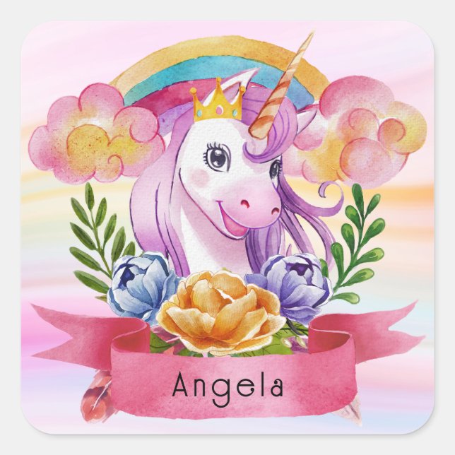 Adesivo Quadrado Girls Cute Purple Unicorn Rainbow Nome Personaliza (Frente)