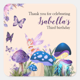 Adesivo Quadrado Girls Fairy Purple Mushroom Butterfly Birthday